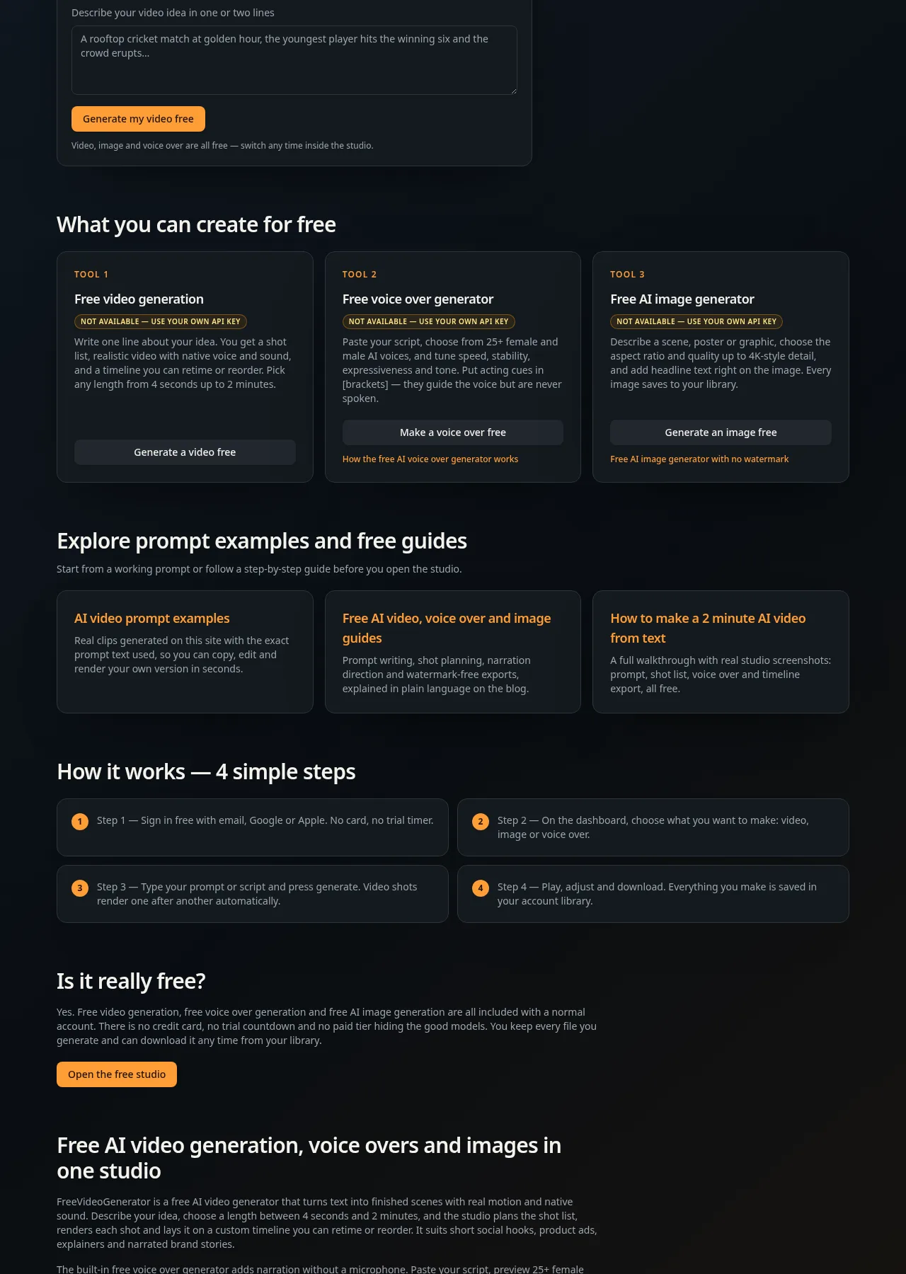 Free Video Generator Homepage — more sections screenshot